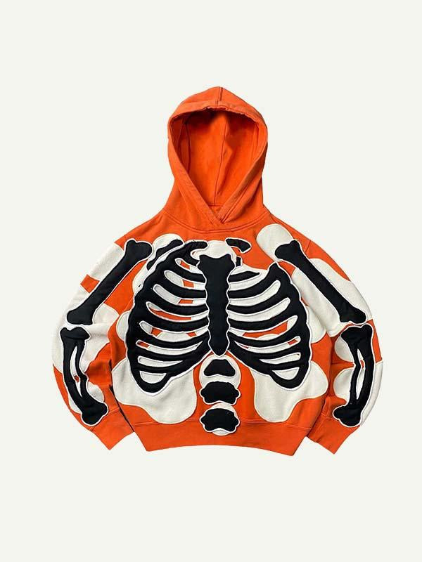 Colorblock Skeleton Faux Decal Print Slant Pockets Hoodie