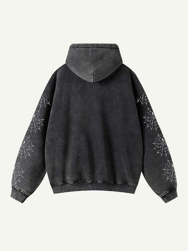 Spider&Letter Print Zip Up Slant Pockets Hooded Coat