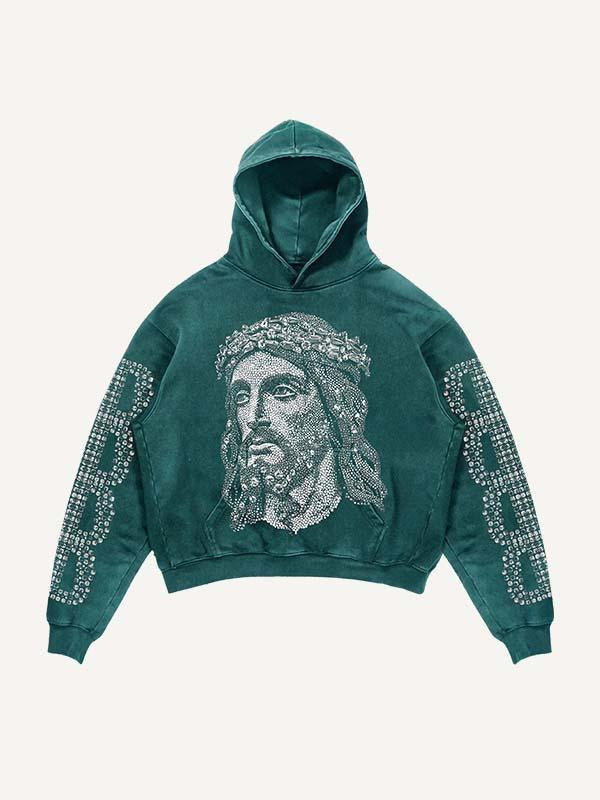 Jesus&Letter Faux Rhinestones Print Slant Pockets Hoodie