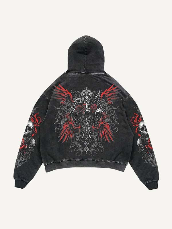 Cross&Wing&Skull Print Slant Pockets Hoodie