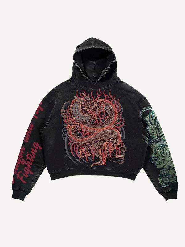 Dragon&Tiger&Skull&Letter Print Slant Pockets Hoodie