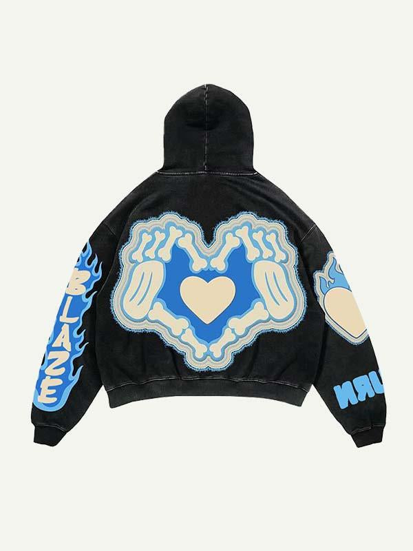 Fire&Heart&Letter&Skull Palm Faux Decal Print Slant Pockets Hoodie