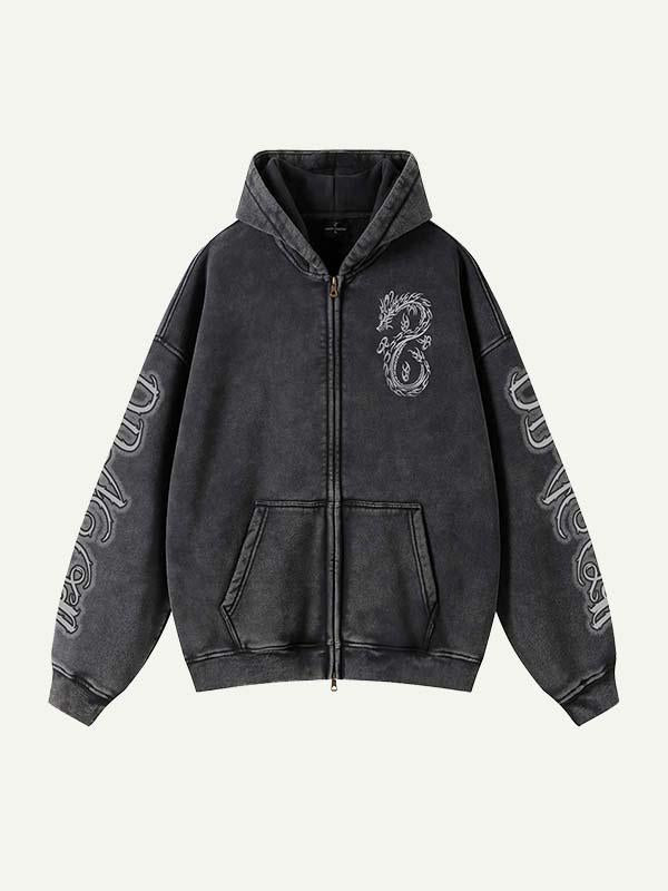 Dragon&Letter Print Zip Up Slant Pockets Hooded Coat