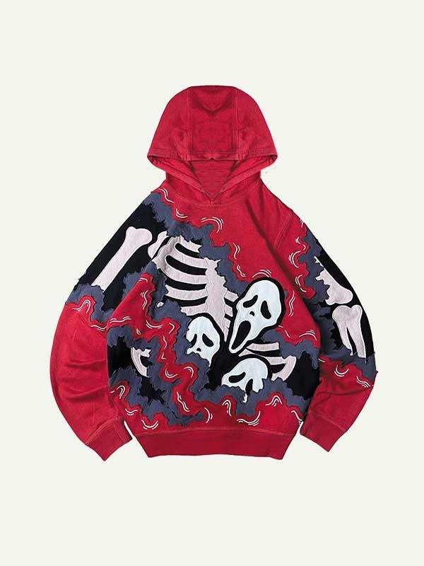 Colorblock Skull Faux Decal Print Slant Pockets Hoodie