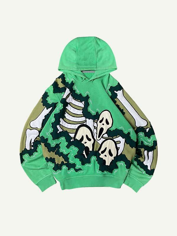 Colorblock Skull Faux Decal Print Slant Pockets Hoodie