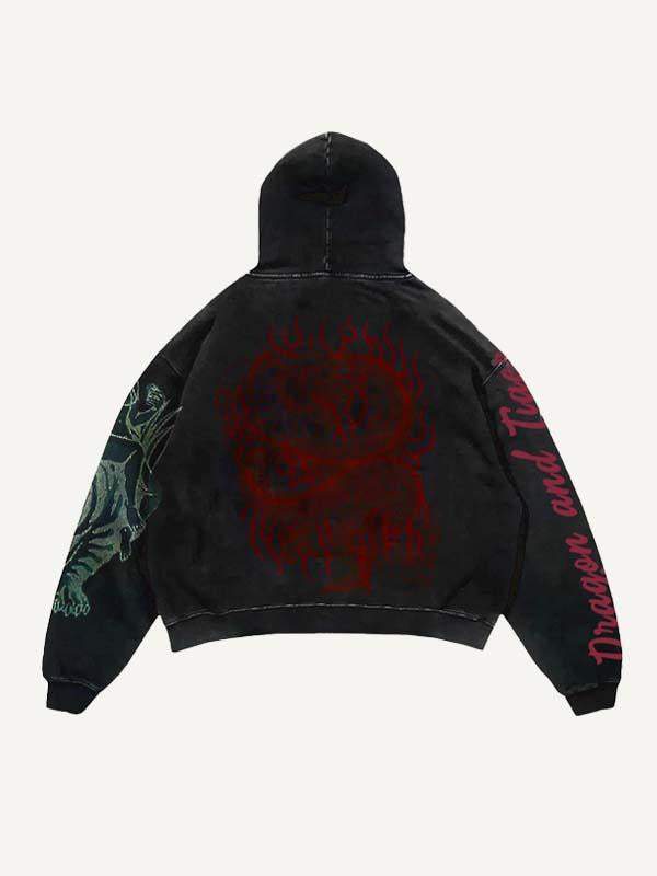 Dragon&Tiger&Skull&Letter Print Slant Pockets Hoodie