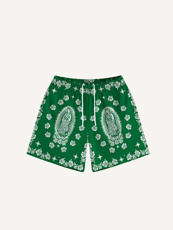 Mary&Floral Print Mesh Drawstring Waist Shorts