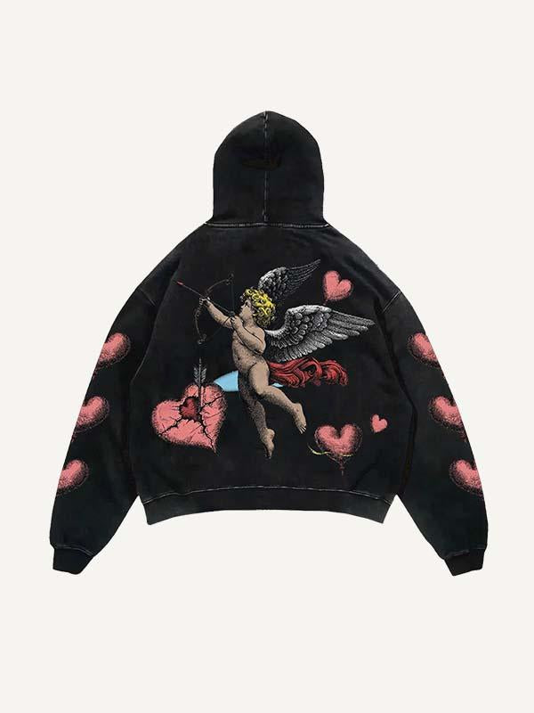 Cupid&Heart Print Slant Pockets Hoodie