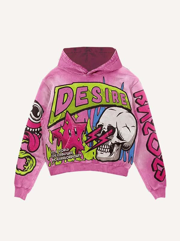 Eyeball&Skull&Star&Tongue&Fire&Letter Print Slant Pockets Hoodie