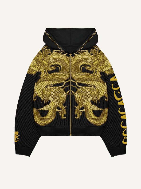 Dragon Print Zip Up Hooded Coat