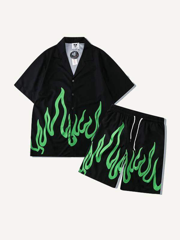 Green Fire Print Drawstring Waist Two-Piece Set