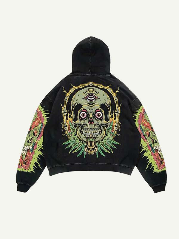 Glow Skull&Letter Print Slant Pockets Hoodie