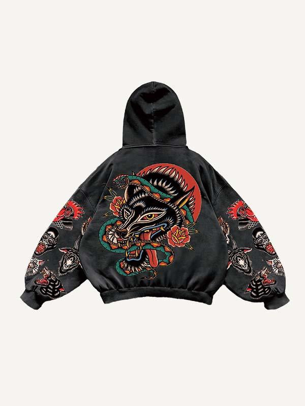 Animal&Letter Print Slant Pockets Hoodie