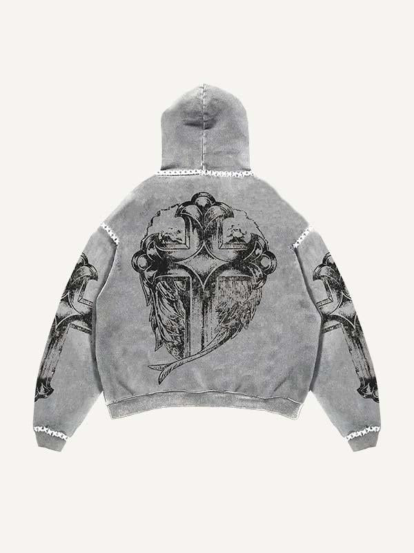 Figure&Cross&Letter&Graphic Print Slant Pockets Hoodie