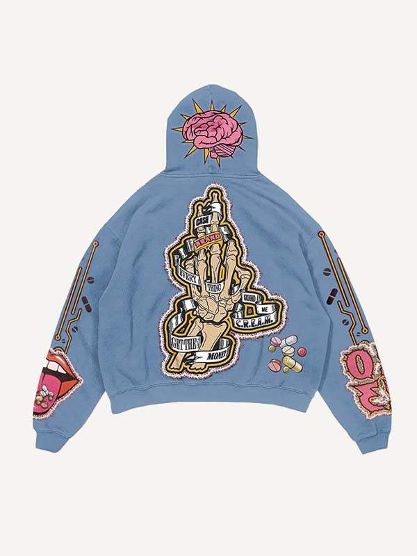Skeleton Injection Medicine&Letter Faux Decal Print Slant Pockets Hoodie