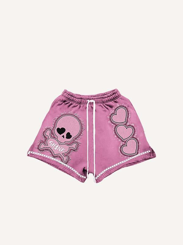 Skull&Heart&Letter Faux Decal Print Drawstring Waist Shorts