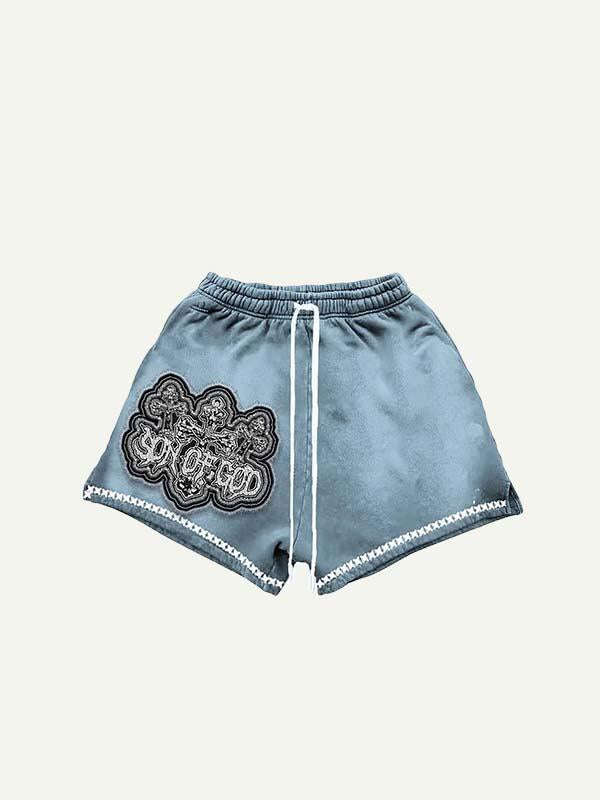 Letter&Cross Faux Decal Print Drawstring Waist Shorts