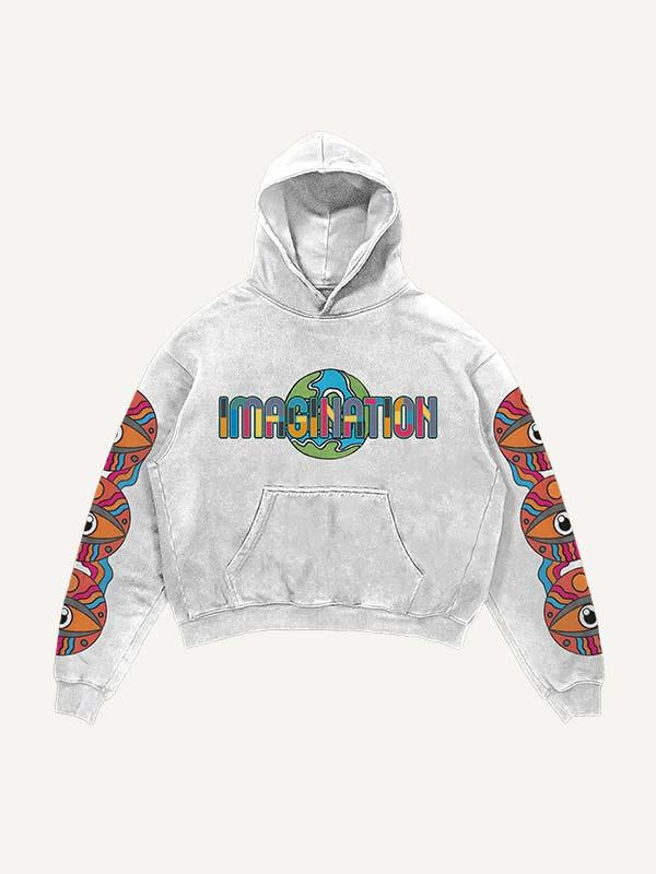 Figure&Eyeball&Globe&Letter Print Slant Pockets Hoodie