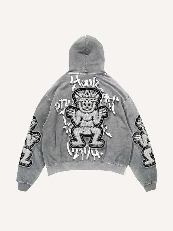 Figure&Letter Faux Decal Print Slant Pockets Hoodie