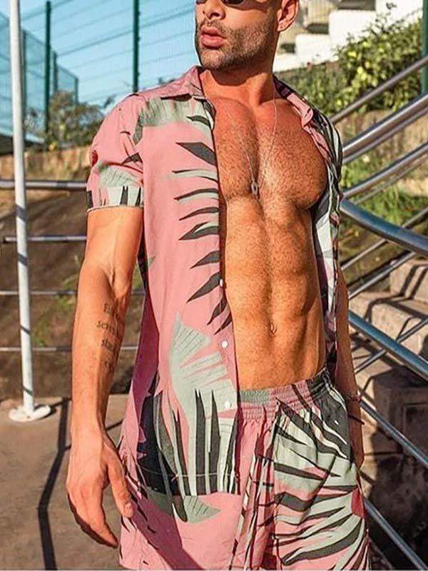 Hawaiian Floral Leaf Graphic Patch Pocket Drawstring Waist Two-Piece Set