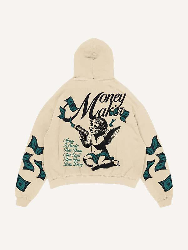 Angel&Letter&Money Print Slant Pockets Hoodie