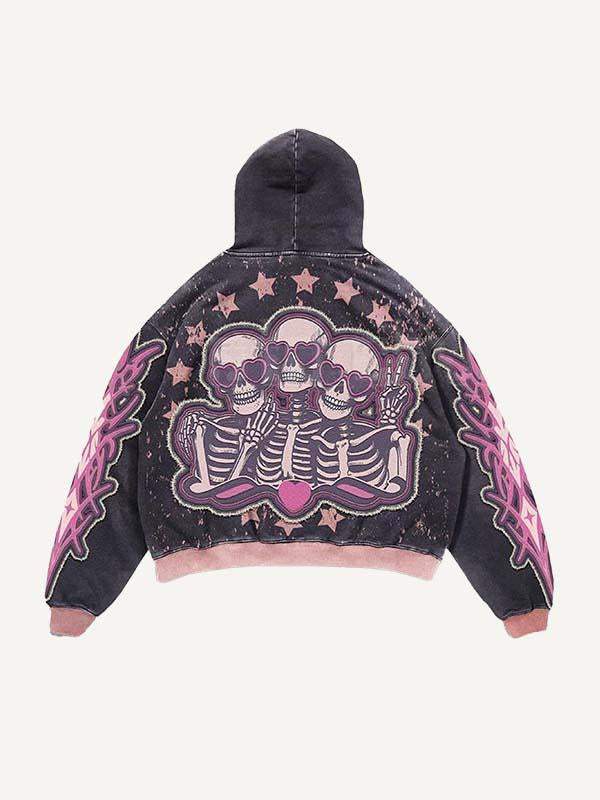Colorblock Heart&Star Skeleton Team Graphic Faux Decal Print Slant Pockets Hoodie