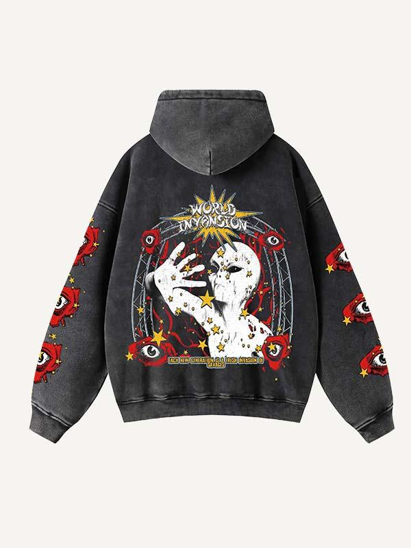 Alien&Eye&Letter Print Zip Up Slant Pockets Hooded Coat