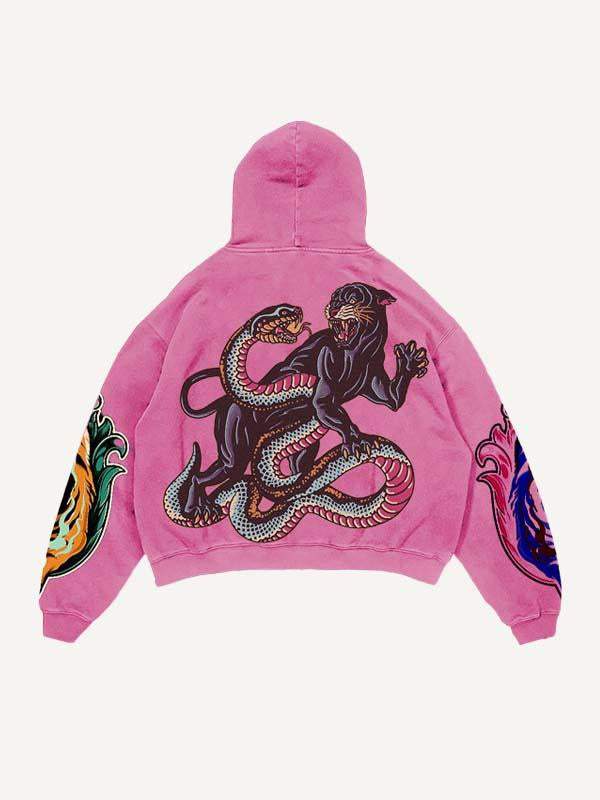 Tiger&Letter Graphic Print Slant Pockets Hoodie