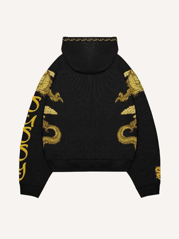 Dragon Print Zip Up Hooded Coat
