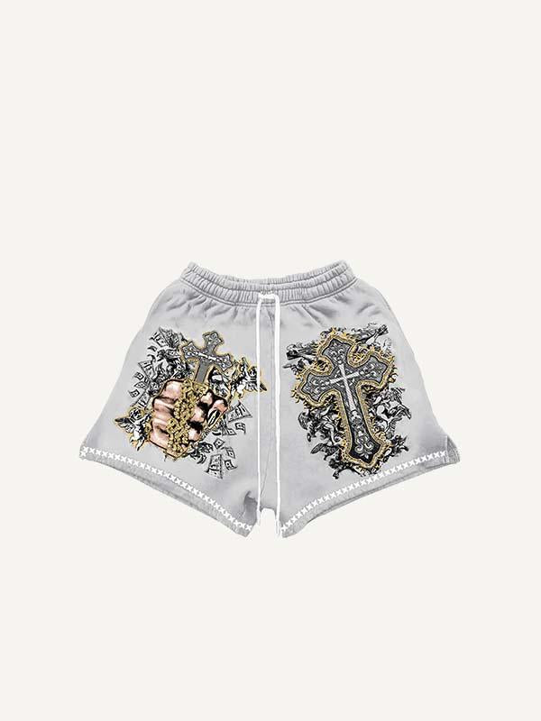Palm&Cross&Letter&Angel&Money Faux Decal Print Drawstring Waist Shorts