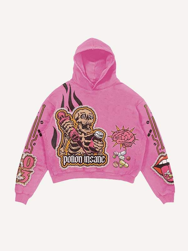 Skeleton Injection Medicine&Letter Faux Decal Print Slant Pockets Hoodie