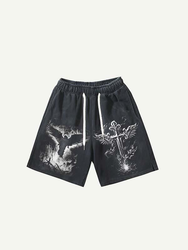 Figure&Cross&Wing Print Drawstring Waist Shorts
