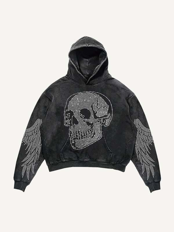 Skull&Wing Faux Rhinestones Print Slant Pockets Hoodie
