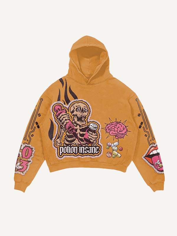 Skeleton Injection Medicine&Letter Faux Decal Print Slant Pockets Hoodie