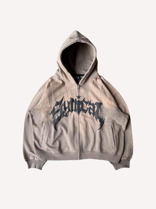 Letter&Star Print Zip Up Slant Pockets Hooded Coat