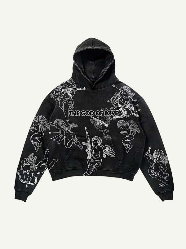 Skull&Angel&Letter Print Slant Pockets Hoodie