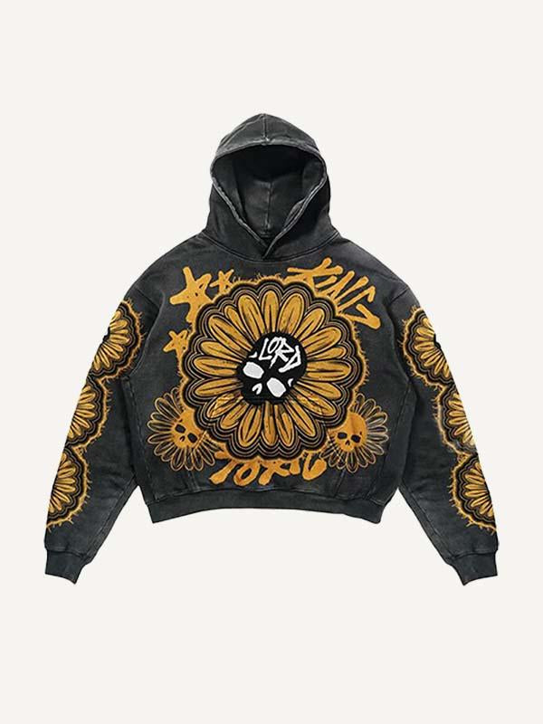 Skull&Floral&Letter Faux Decal Print Slant Pockets Hoodie