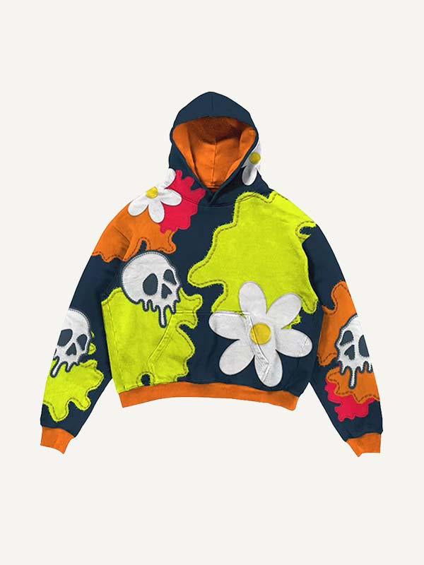 Colorblock Skull&Floral Faux Decal Print Slant Pockets Hoodie