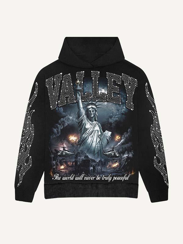 Statue Of Liberty&Letter&Graphic Faux Rhinestones Print Slant Pockets Hoodie