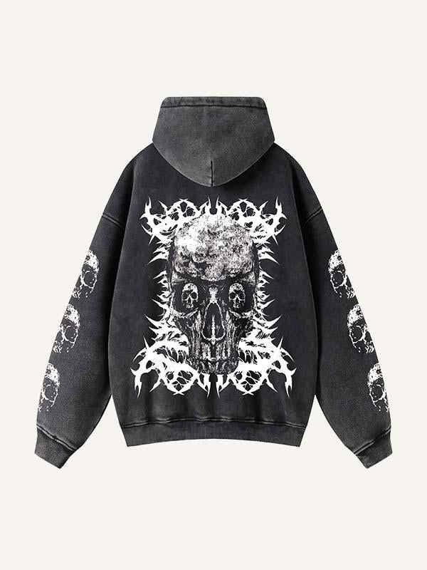Skull&Letter Print Zip Up Slant Pockets Hooded Coat
