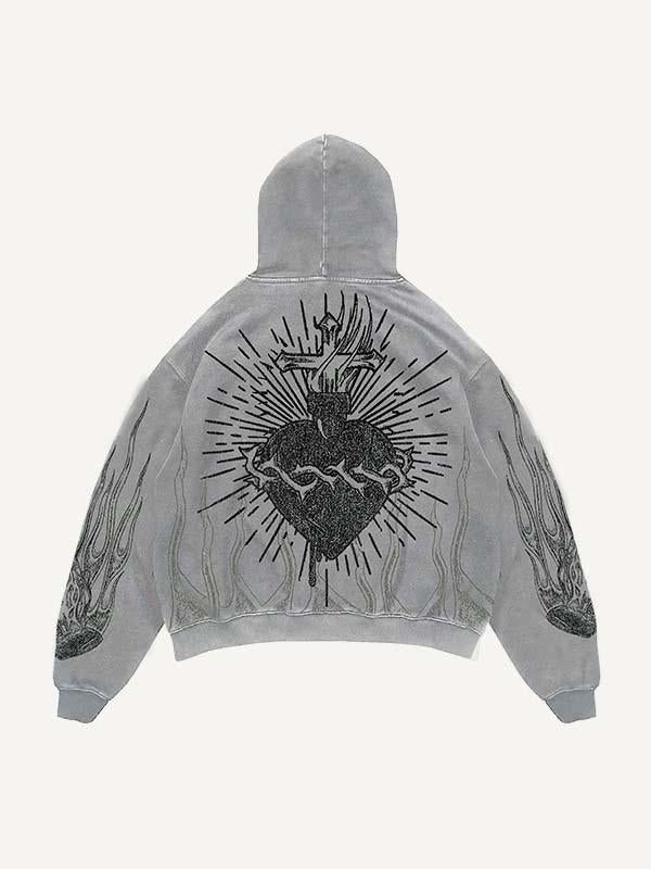 Heart&Pray&Cross&Fire Print Slant Pockets Hoodie
