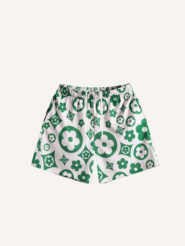 Floral Print Mesh Drawstring Waist Shorts