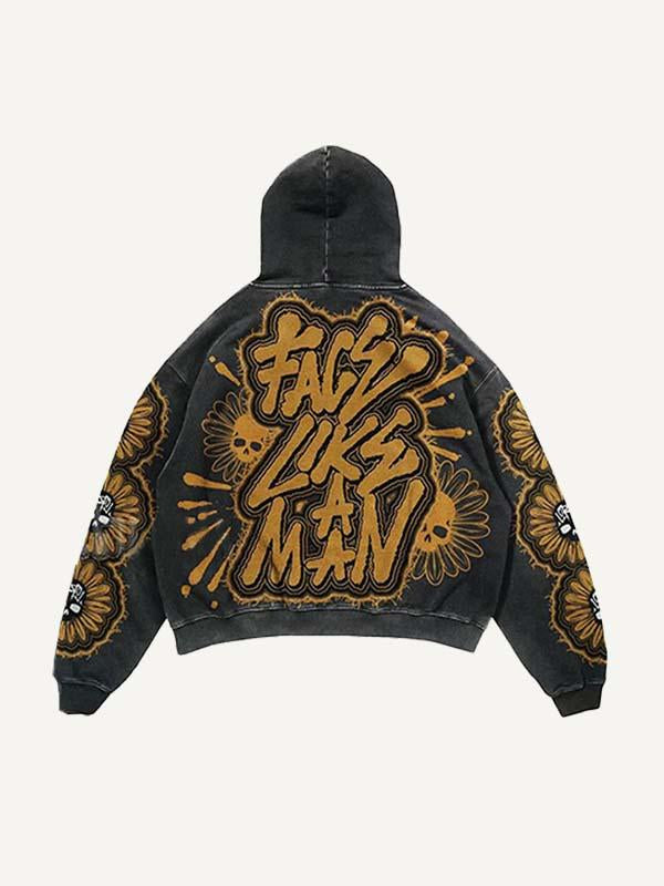 Skull&Floral&Letter Faux Decal Print Slant Pockets Hoodie