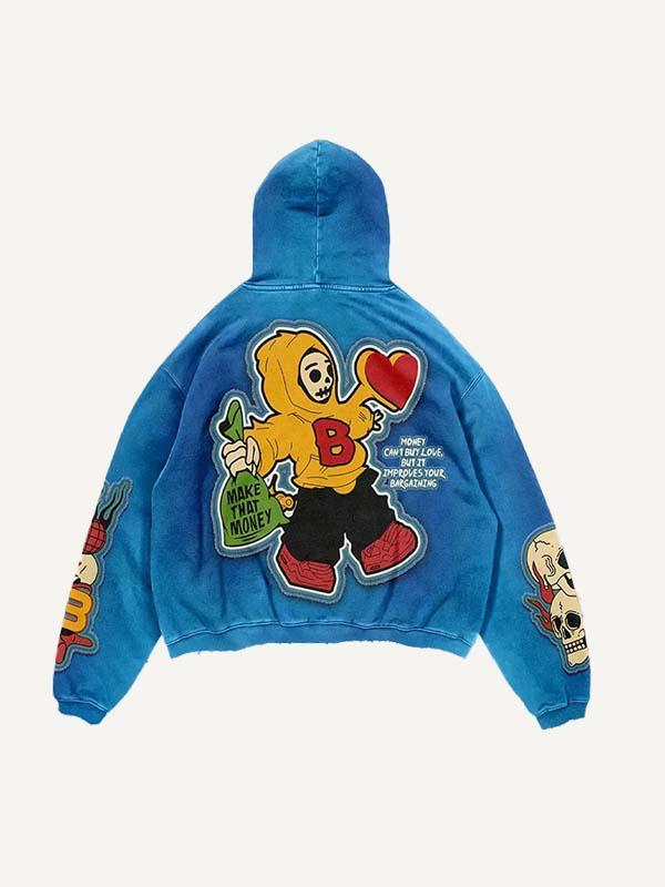 Skull&Letter&Heart Graphic Faux Decal Print Slant Pockets Hoodie