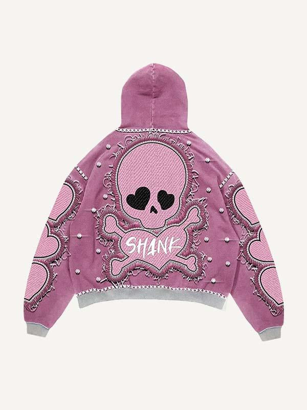 Skull&Heart&Letter Faux Rhinestones Print Faux Decal Print Slant Pockets Hoodie