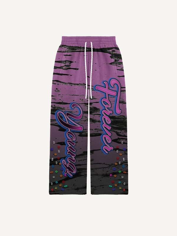 Colorblock Letter&Graphic Faux Rhinestones Print Elastic Waist Pants