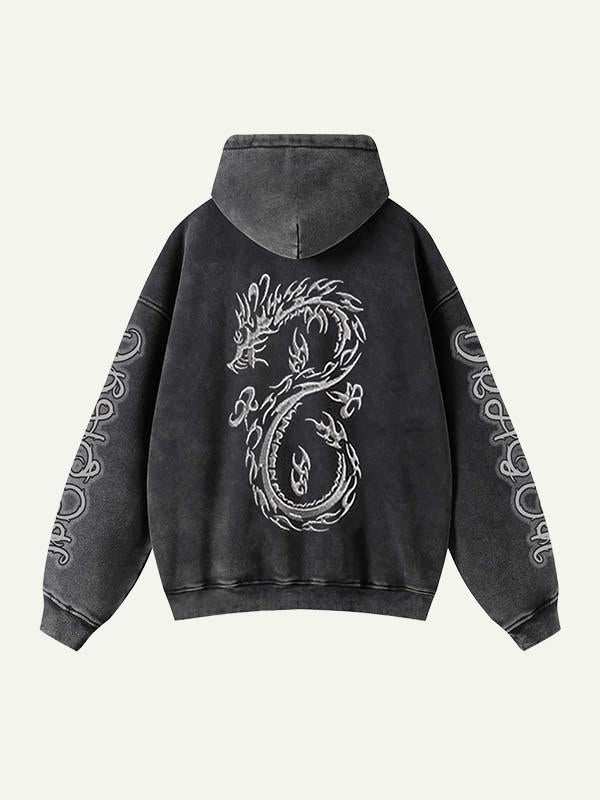 Dragon&Letter Print Zip Up Slant Pockets Hooded Coat