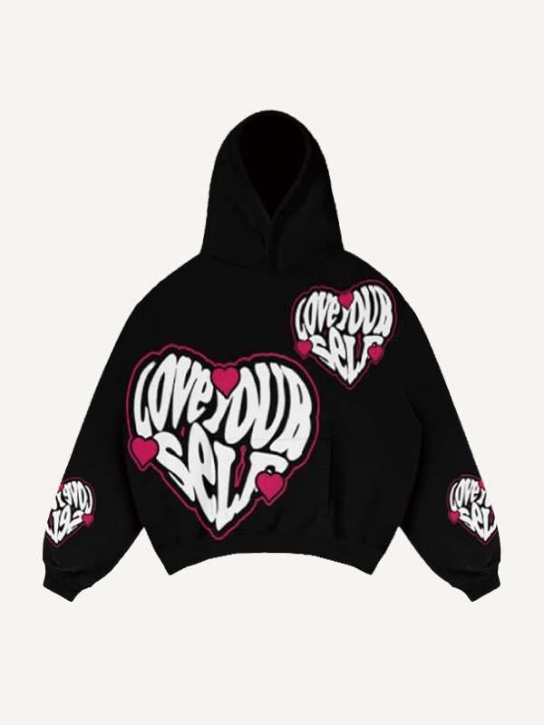 Heart&Letter Faux Decal Print Slant Pockets Hoodie