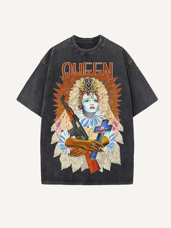 Distressed Washed Figure&Letter Graphic Print Round Neck T-shirt