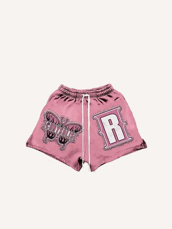Fire Butterfly Faux Decal Print Drawstring Waist Shorts